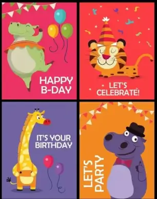 party celebration banner templates giraffe tiger hippopotamus icons