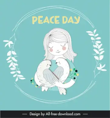 peace day banner template cute handdrawn cartooon girl pigeon leaves decor