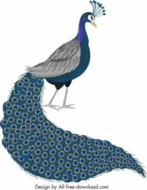 peacock icon elegant long tail decor cartoon design