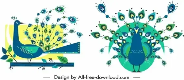 peacock icon templates flat blue decor
