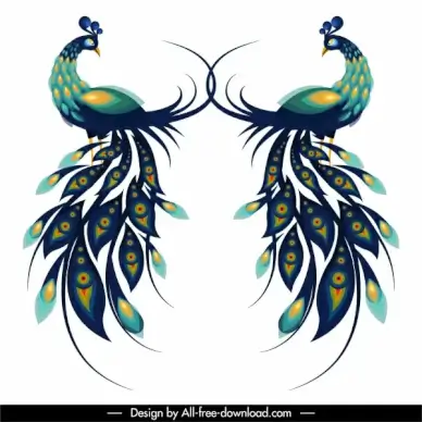 peafowl icons colorful flat symmetric design