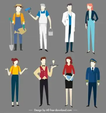 people job icons colored cartoon characters sketch