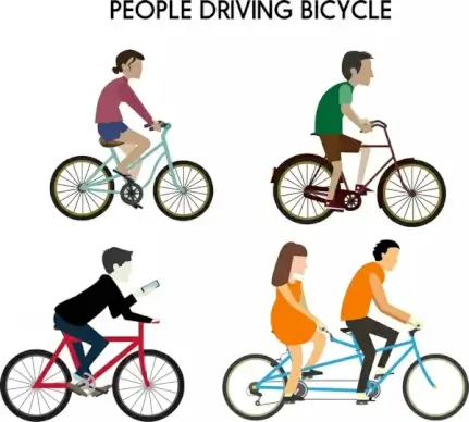 people riding bicycle various types isolation