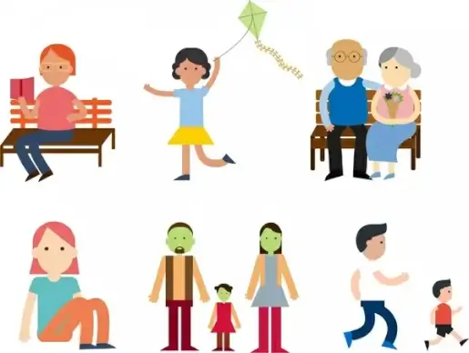 peoples activities in park icons design sets