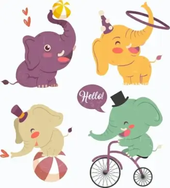performing elephant icons cute cartoon design