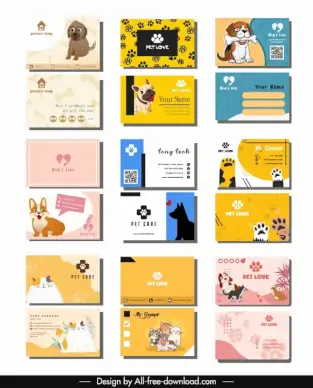 pet care business card templates collection cartoon dogs cats elements