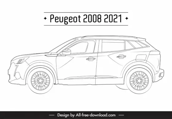 peugeot 2008 2021 car model icon flat black white handdrawn side view outline