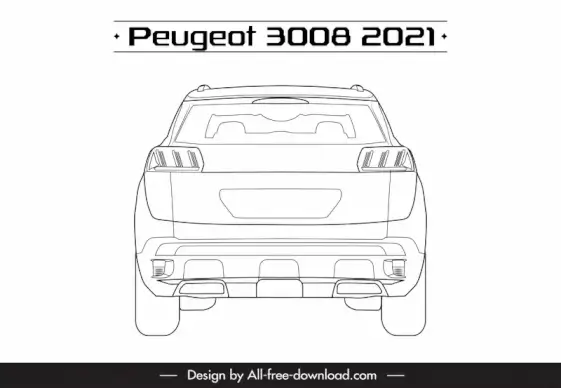 peugeot 3008 2021 car model icon flat symmetric design black white handdrawn rear view sketch