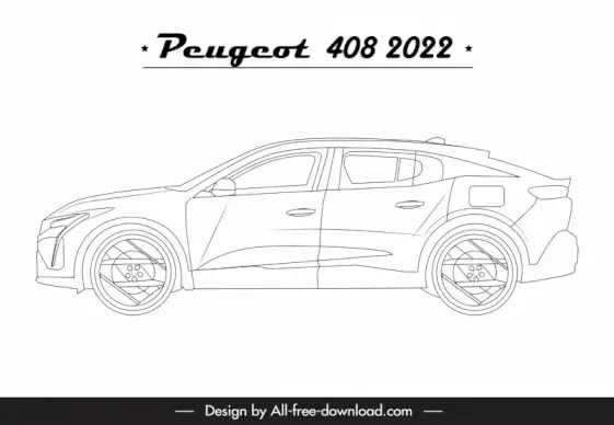 peugeot 408 2022 car model icon flat black white handdrawn side view outline