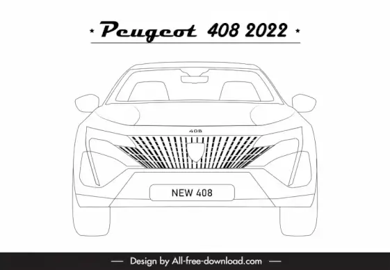 peugeot 408 2022 car model icon flat black white symmetric handdrawn front view outline