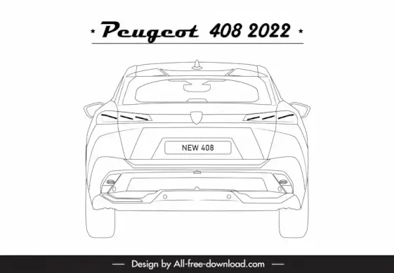 peugeot 408 2022 car model icon flat symmetric black white handdrawn back view outline