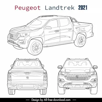 peugeot landtrek 2021 car model advertising template black white handdrawn different views outline  
