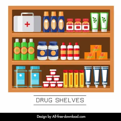 pharmacy shelves template medicines drugstore outline flat design 