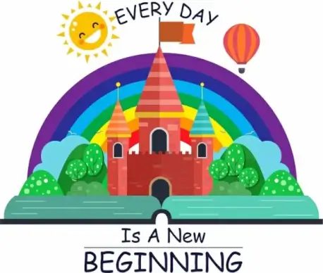 philosophy banner rainbow balloon castle stylized sun icons