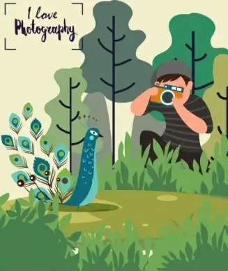 photography banner cameraman peacock icon colored cartoon