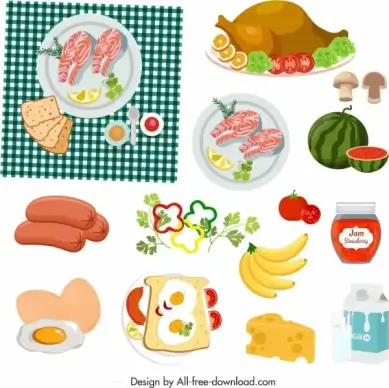 picnic design elements food icons sketch colorful design
