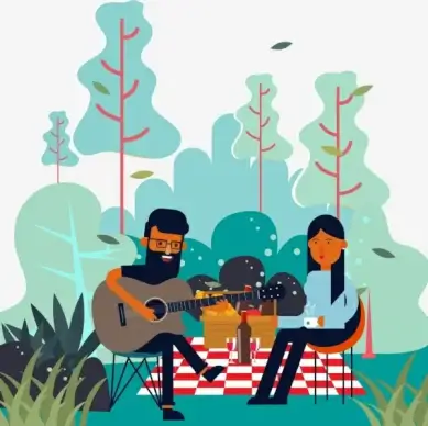 picnic drawing joyful couple guitarist icons colored cartoon