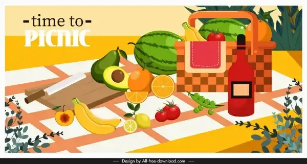 picnic poster fruit basket sketch colorful classic