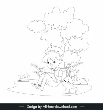 picture book design elements boy reading book bunny cartoon outline