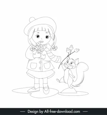 picture book design elements cute handdrawn girl  squirrel outline
