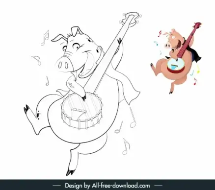 pig playing guitar icon funny cartoon handdrawn sketch