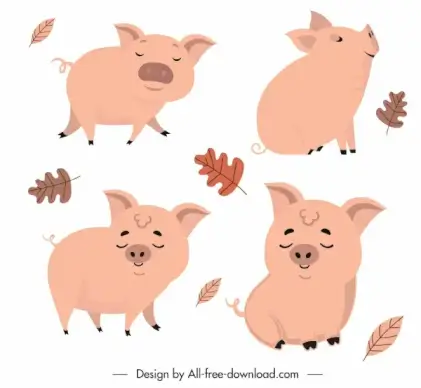 piggy icons lovely handdrawn cartoon sketch