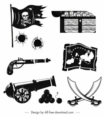 pirate design elements black white retro symbols sketch