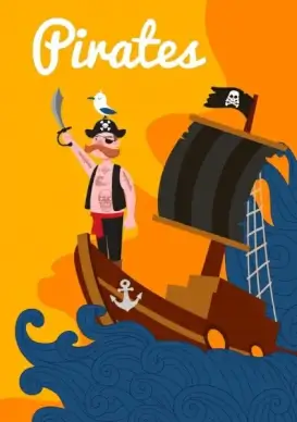 pirate drawing tattoo man sailboat waves colored cartoon