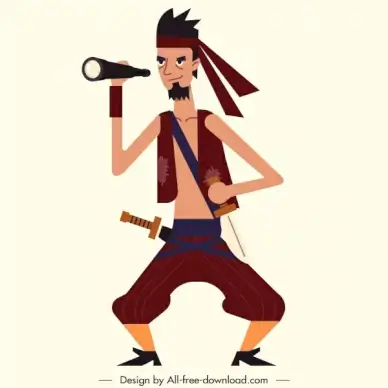 pirate icon man watching binoculars sketch cartoon character