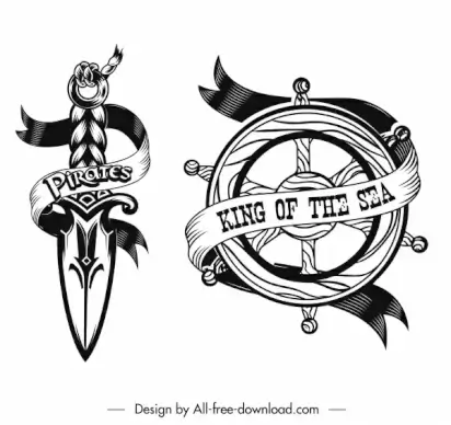 pirate icons black white sword steering wheel sketch