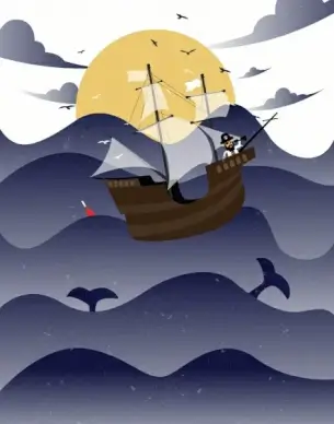 pirate ship drawing wavy beach whales seabirds icons