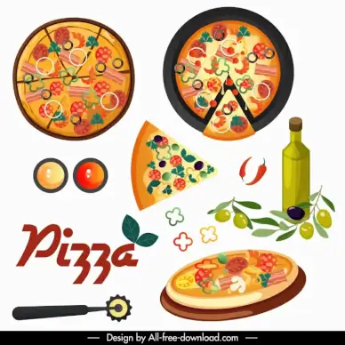 pizza advertising design elements ingredients olive slices sketch