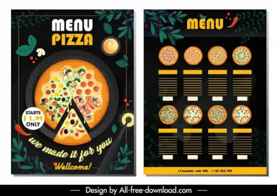 pizza menu template pies ingredients decor dark colorful