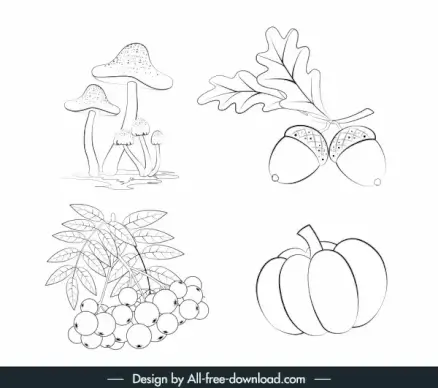 plant icons handdrawn mushroom fruits chestnut sketch