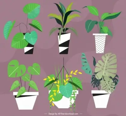plant pots icons green leaves decor classical design