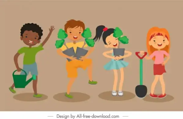 plantation background joyful children sketch cartoon characters