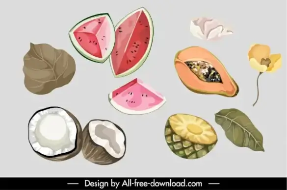 plants icons retro handdrawn watermelon coconut pineapple papaya