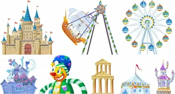 playground design elements castles clown circus games icons
