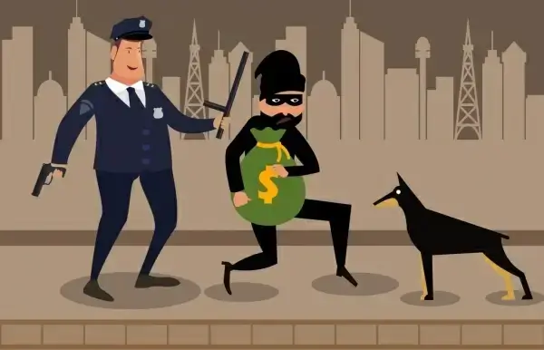 police catching thief drawing colored cartoon design
