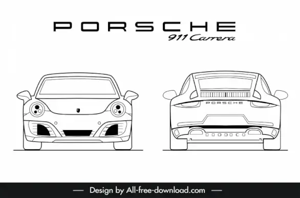 porsche 911 car advertising template black white handdrawn front view back view outline 