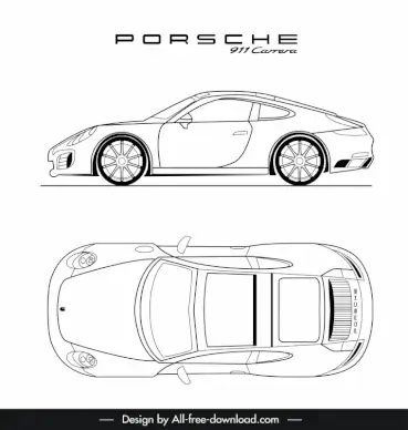 porsche 911 car advertising template black white handdrawn top view side view outline 