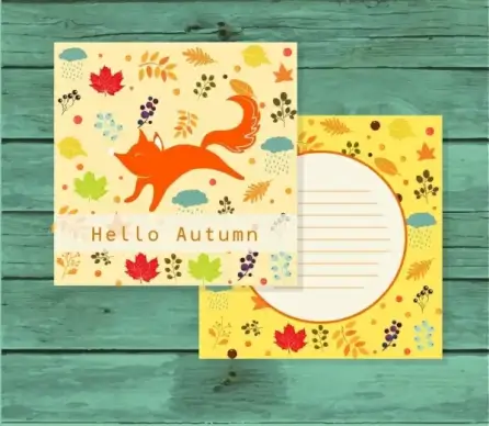 postcard template autumn style flowers fox icons