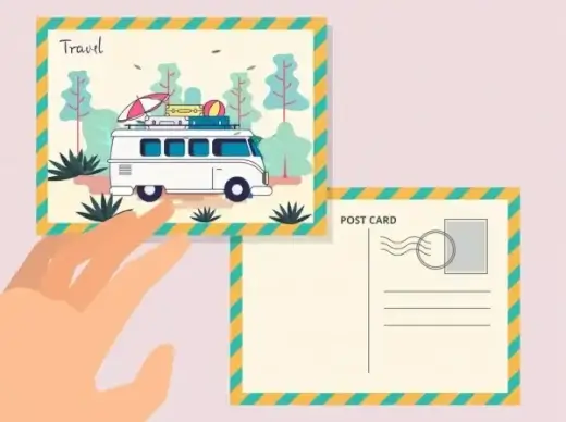 postcard template travel theme bus icon decor