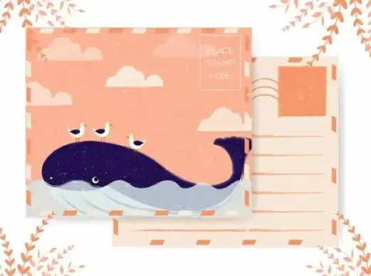postcard template whale seagull icons colored retro design