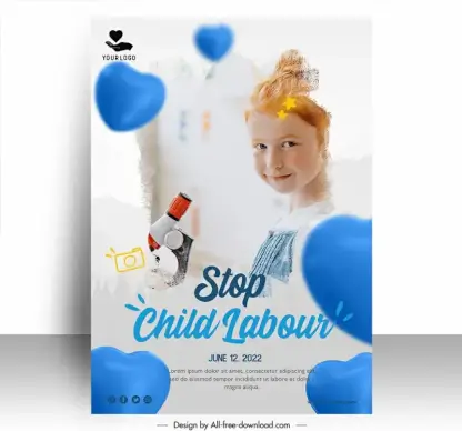 poster stop child labour template cute girl 3d hearts decor realistic design 