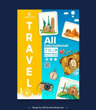 Poster travel international tour packages taj mahal air balloon eiffel paris tower compass baggage luggage qr code pyramid colosseum leaning tower of pisa