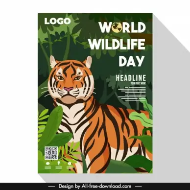 poster world wildlife day template tiger forest scene cartoon sketch
