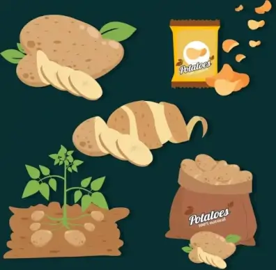 potato product icons raw fruit chips dark design