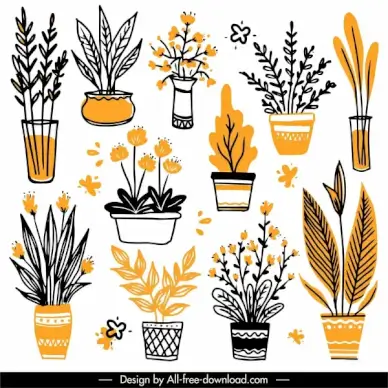potted houseplant icons flat classical handdrawn outline