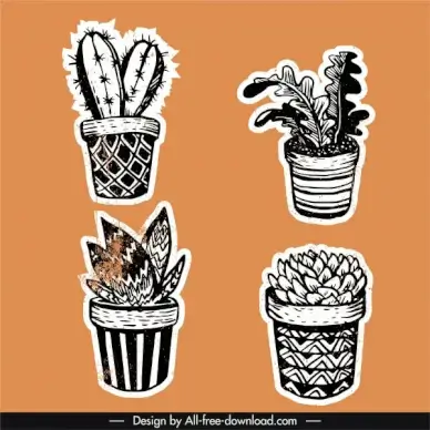 potted houseplant icons retro design flat handdrawn